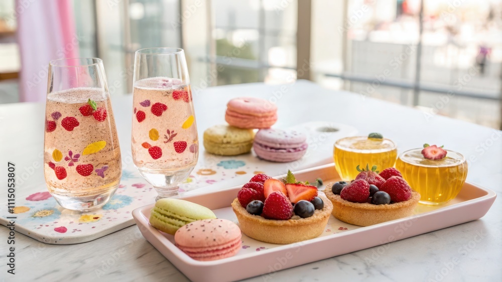 Obraz premium Playful Presentation of Sparkling Sake with Colorful Desserts