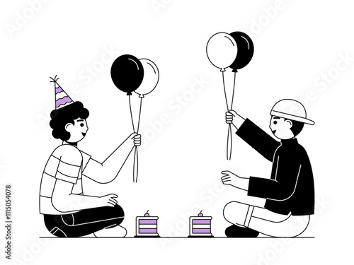 Young boy celebrating birthday party with his friend together. Birthday illustration. Flat birthday party vector illustration