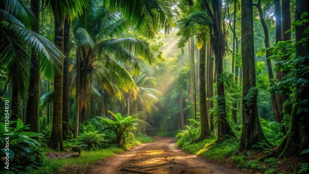 Footprints on dirt path in lush tropical forest with tall trees , footprints, dirt path, tropical forest, greenery Footprints on dirt path in lush tropical forest with tall trees , footprints, dirt path, tropical forest, greenery