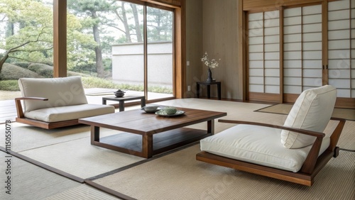 Lowprofile furniture pieces including a simple wooden coffee table and sleek side seating harmonize with a minimalist aesthetic enhancing the tranquil atmosphere of the space.