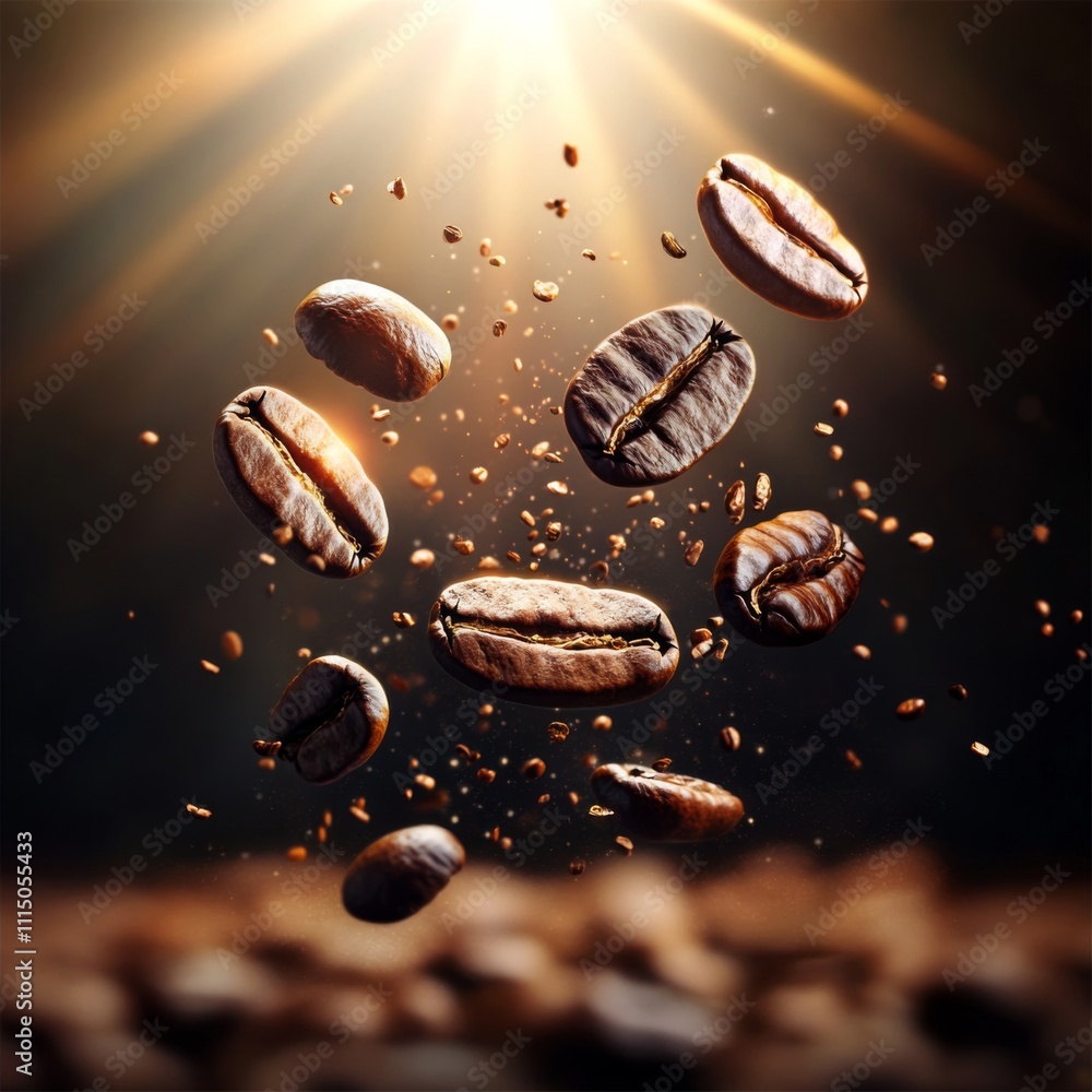 Floating coffee beans sparkle in sunlight with a warm glow in a dark atmosphere Floating coffee beans sparkle in sunlight with a warm glow in a dark atmosphere