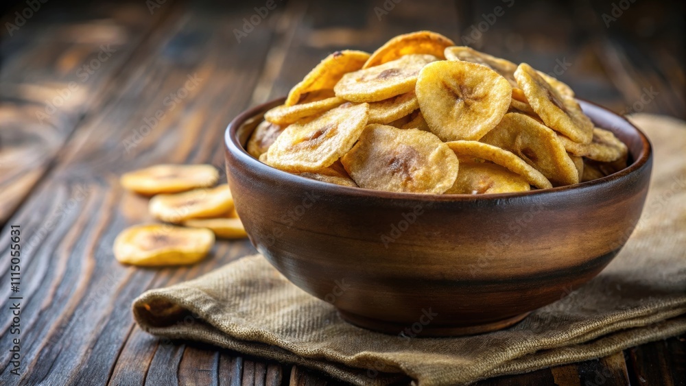 Close-up of crispy banana chips in a decorative ceramic bowl , snack, crispy, tasty, crunchy, healthy, organic, vegan Close-up of crispy banana chips in a decorative ceramic bowl , snack, crispy, tasty, crunchy, healthy, organic, vegan