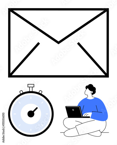 Large envelope stopwatch person with laptop. Ideal for email management, time tracking, productivity, remote work, efficiency, task coordination, communication strategies. Line metaphor