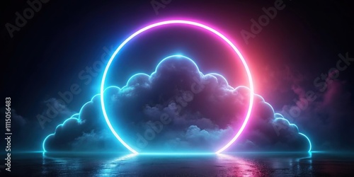 Wallpaper Mural Abstract neon illuminated cloud with geometric round frame on dark night sky, render, abstract, cloud, illuminated Torontodigital.ca