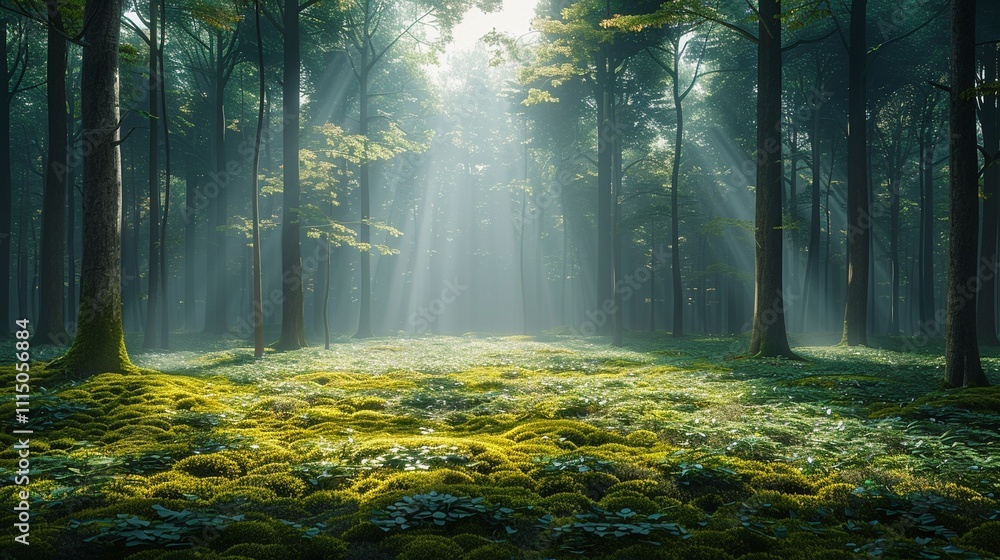 Fototapeta premium 柔らかな朝の光に包まれた静かな森の風景1