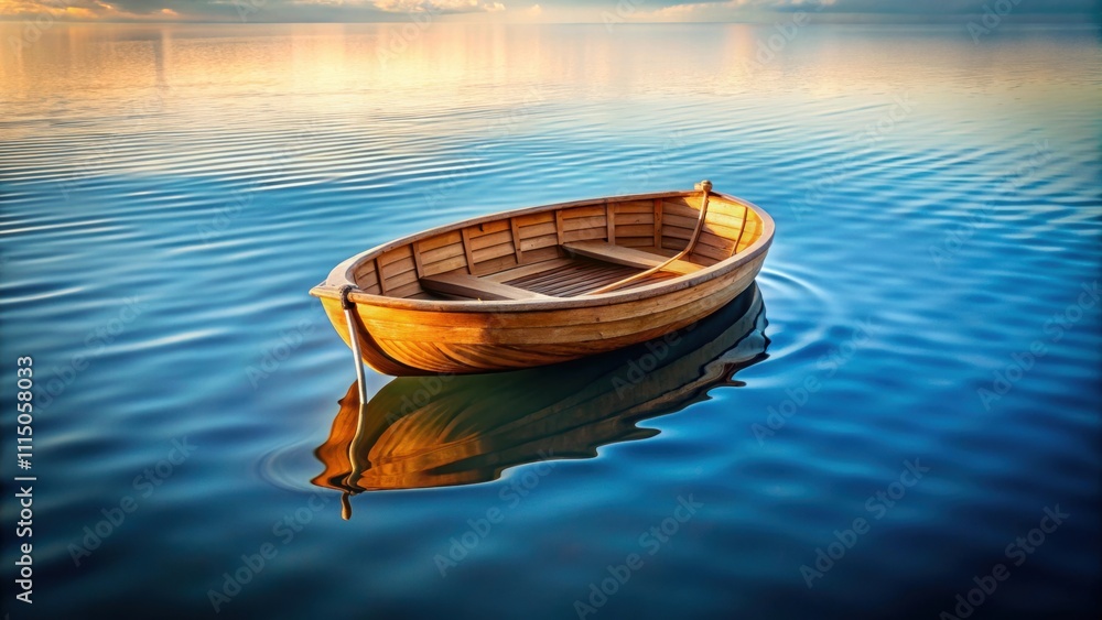 Obraz premium Wooden boat with a circular object inside floating on calm water, wooden, boat, circular, object, floating, calm, water