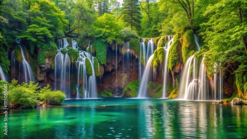 Waterfall cascading through lush forest at Plitvice Lakes, Croatia, waterfall, forest, Plitvice Lakes, Croatia, nature