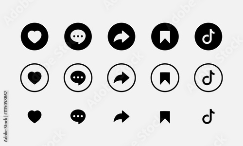 Like, comment, share, save, and tiktok logo  icon. Social media elements