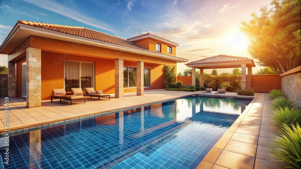 Fototapeta premium Luxury villa poolside with orange tiles under sunlight and shadows , luxury, villa, poolside, orange tiles
