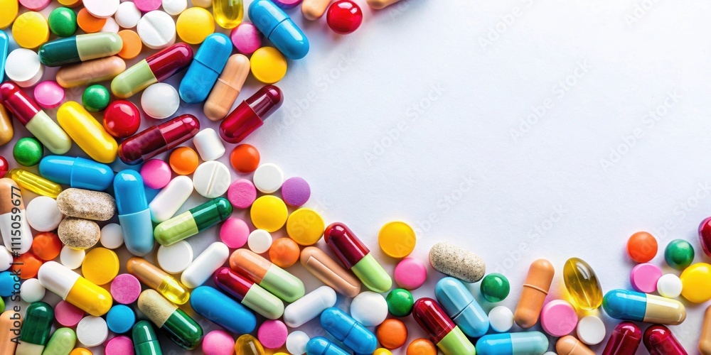 Medicine background with colorful pills, tablets, and capsules scattered on a white surface , medicine, healthcare Medicine background with colorful pills, tablets, and capsules scattered on a white surface , medicine, healthcare