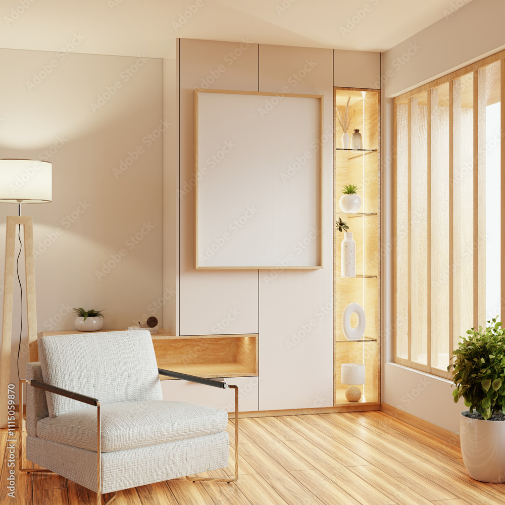 Mockup poster frame in living room with armchair and table on empty white wall background- 3D rendering Mockup poster frame in living room with armchair and table on empty white wall background- 3D rendering