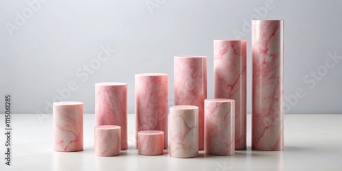 Pink marble cylinders arranged in a geometric pattern on a white background, marble, pink, cylinder, render, geometric