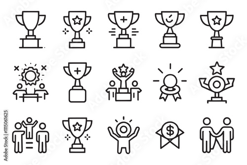 Trophy cup. Success and business achievements related editable stroke outline icon set isolated flat vector illustration white background