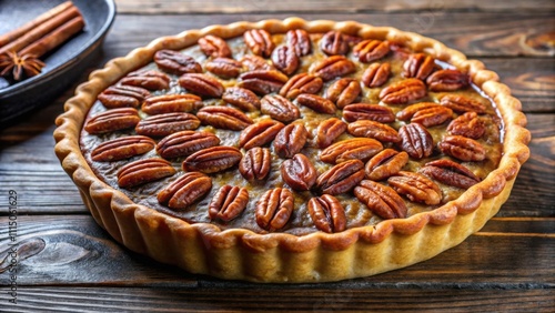 Delicious homemade pecan pie with a golden crust and gooey filling , dessert, food photography, Thanksgiving