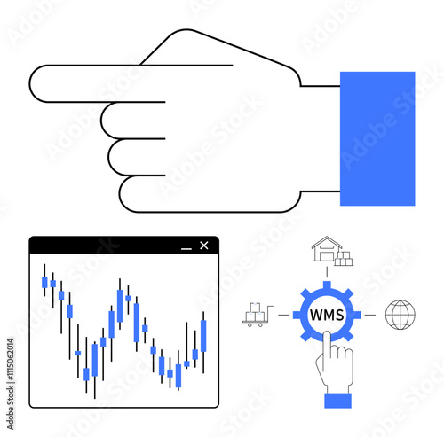Hand pointing right, chart with trading data fluctuations, and WMS cogwheel with user interaction motif. Ideal for financial analysis, logistics, decision-making, trading, warehouse management, data