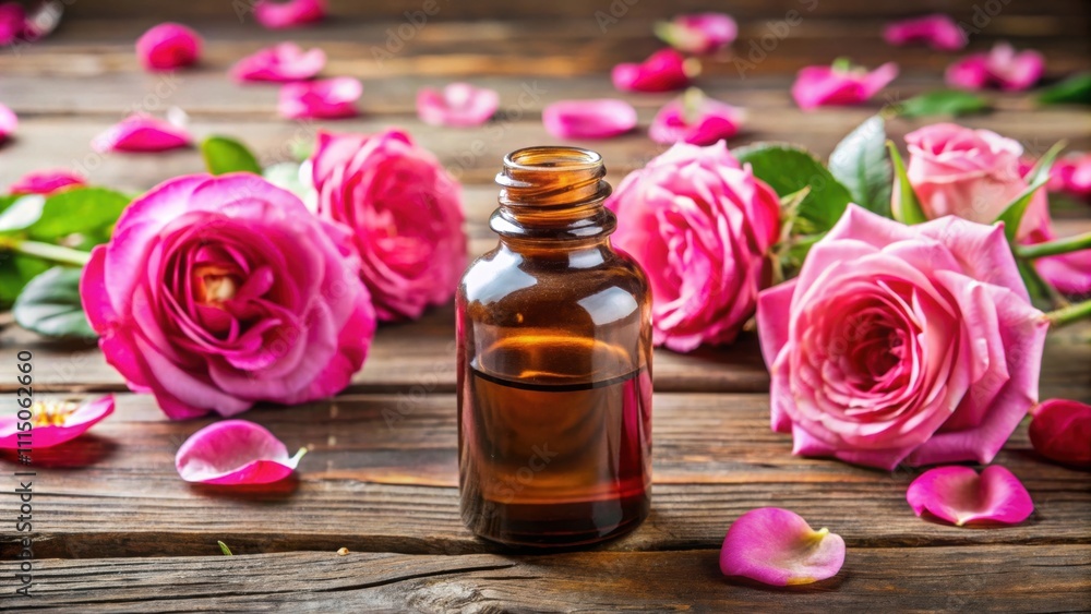 Rose essential oil bottle surrounded by fresh roses on a rustic wooden table , aromatherapy, natural, organic, skincare Rose essential oil bottle surrounded by fresh roses on a rustic wooden table , aromatherapy, natural, organic, skincare