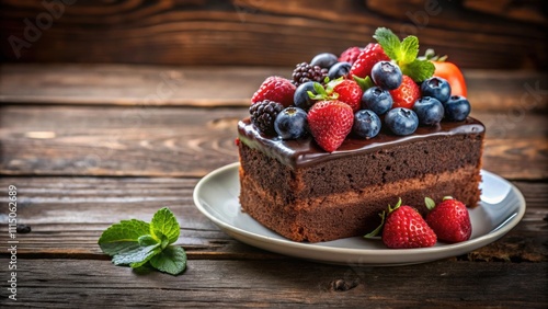 A delicious piece of chocolate cake topped with fresh berries on a plate, sitting on a rustic wooden table , dessert