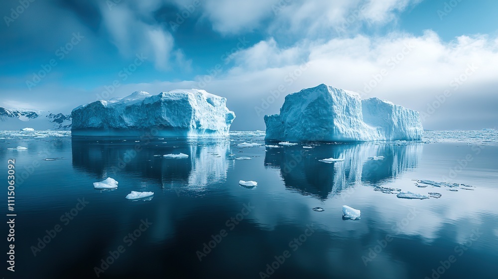 Icebergs melting in the Arctic Ocean represent the ongoing crisis of global warming and its devastating impact on the planet Icebergs melting in the Arctic Ocean represent the ongoing crisis of global warming and its devastating impact on the planet