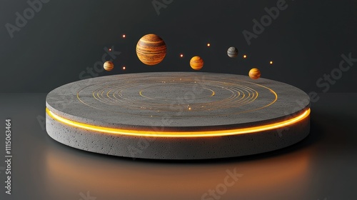 generate a circle podium (not higher then 30cm) for the table stand, made out of concret, with led stripe around, that has a drawing of solar system on it. photo