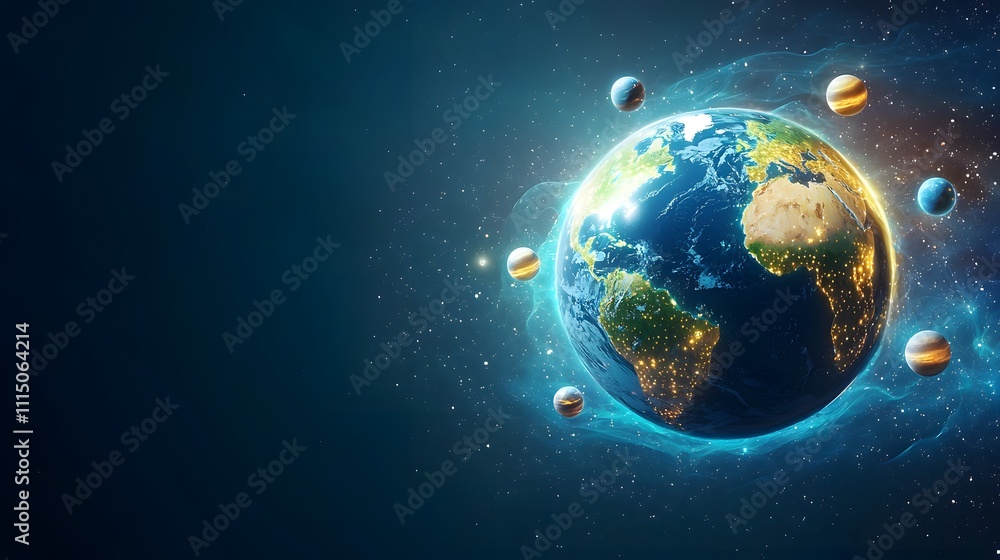 Fototapeta premium Cosmic Event Earth Surrounded by Planets Space Digital Art Galactic View Celestial Conceptualization