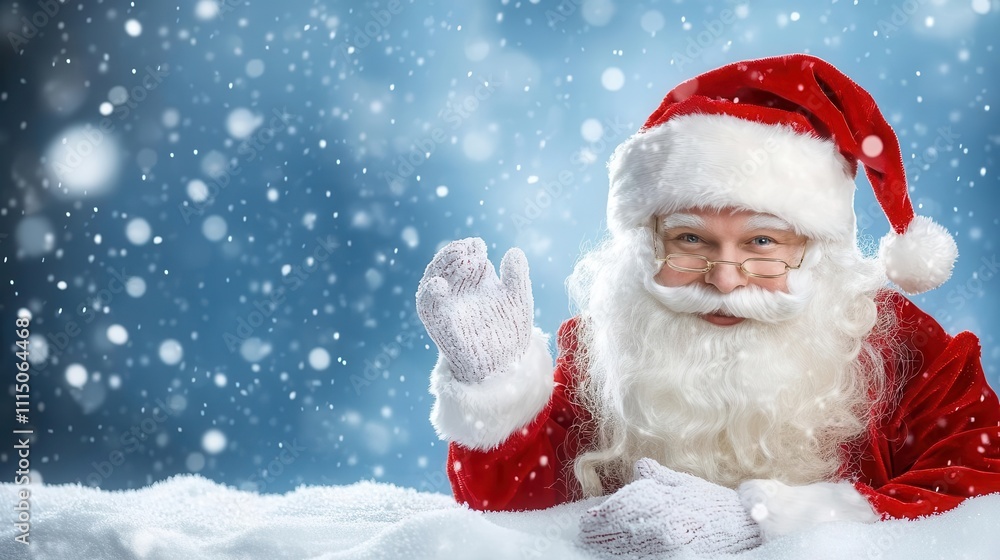 Santa Claus waves hello in a snowy winter scene. Santa Claus waves hello in a snowy winter scene.