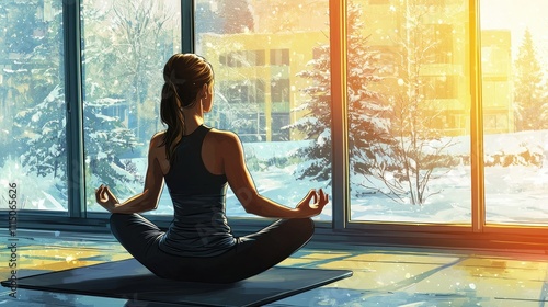 It is not suitable to do strenuous exercise in winter. It is best to do yoga indoors, with your back to the street view through the floor-to-ceiling windows.comics style, full details. photo