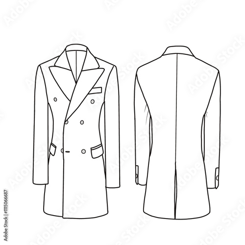 Men's jacket coat casual winter trench coat, long jacket overcoat line art. Flat sketch, front, and back view. Isolated on a white background,