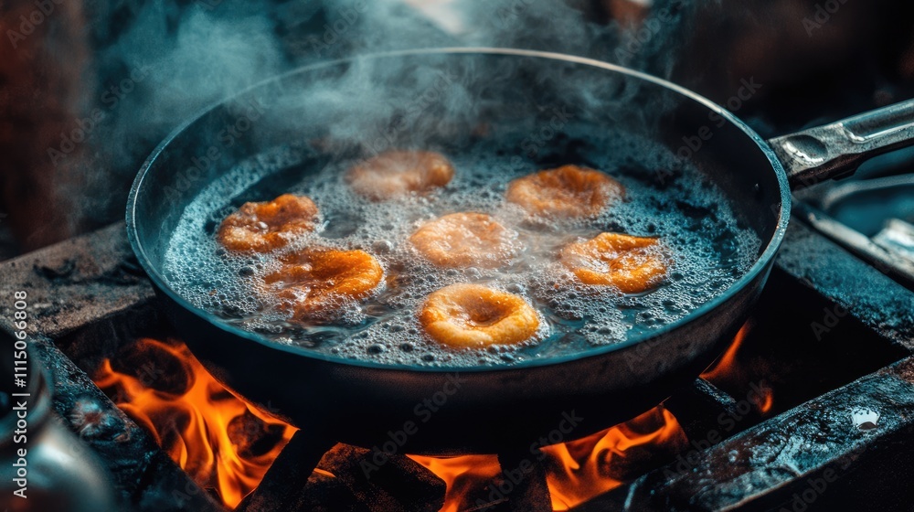 Delicious Golden Fried Dough Rings Cooking in Hot Oil Delicious Golden Fried Dough Rings Cooking in Hot Oil