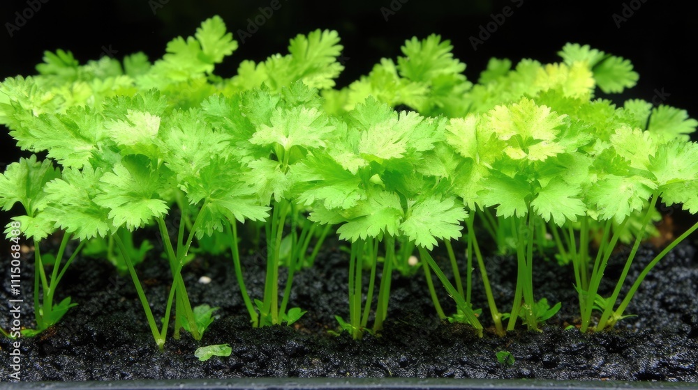 Fresh Green Cilantro Plants Growing in Organic Soil Bed Fresh Green Cilantro Plants Growing in Organic Soil Bed