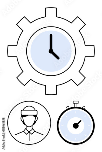 Gear clock person in hard hat stopwatch. Ideal for productivity, efficiency, time management, deadline, work, job, punctuality. Line metaphor