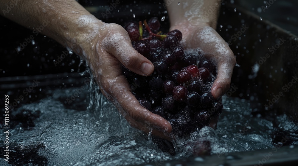 Fototapeta premium Fresh Grapes Being Washed in Water With Bubbles and Hands