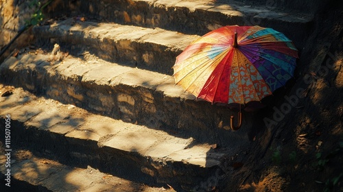 A 4K image capturing a colorful umbrella resting gently on a set of worn stone stairs. The sunlight filters through photo