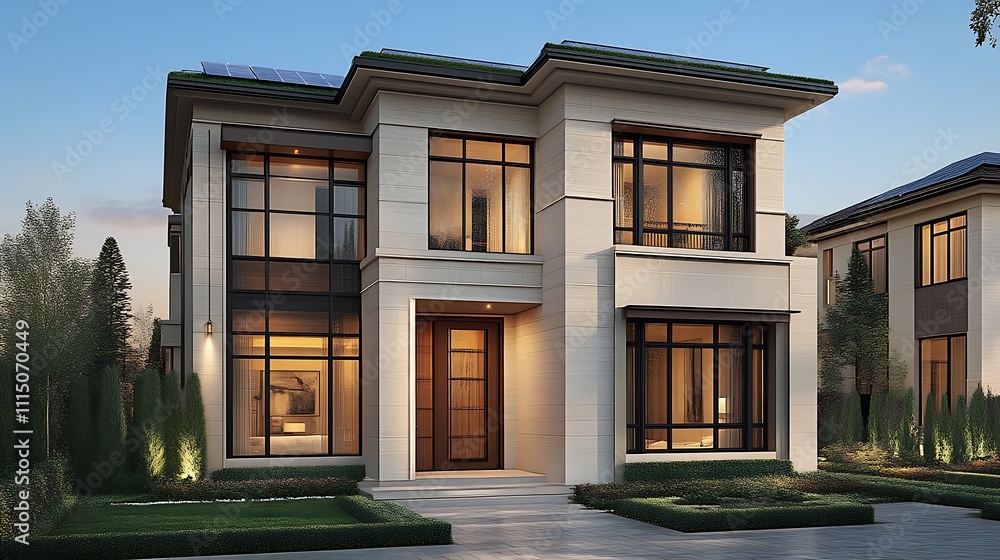 Fototapeta premium Modern Three Story House With Solar Panels And Landscaping