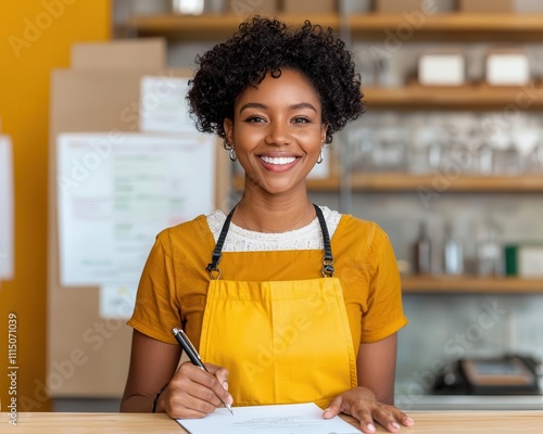 An SME owner at a bank counter, signing loan papers with a smile, representing the ease of acquiring business loans photo