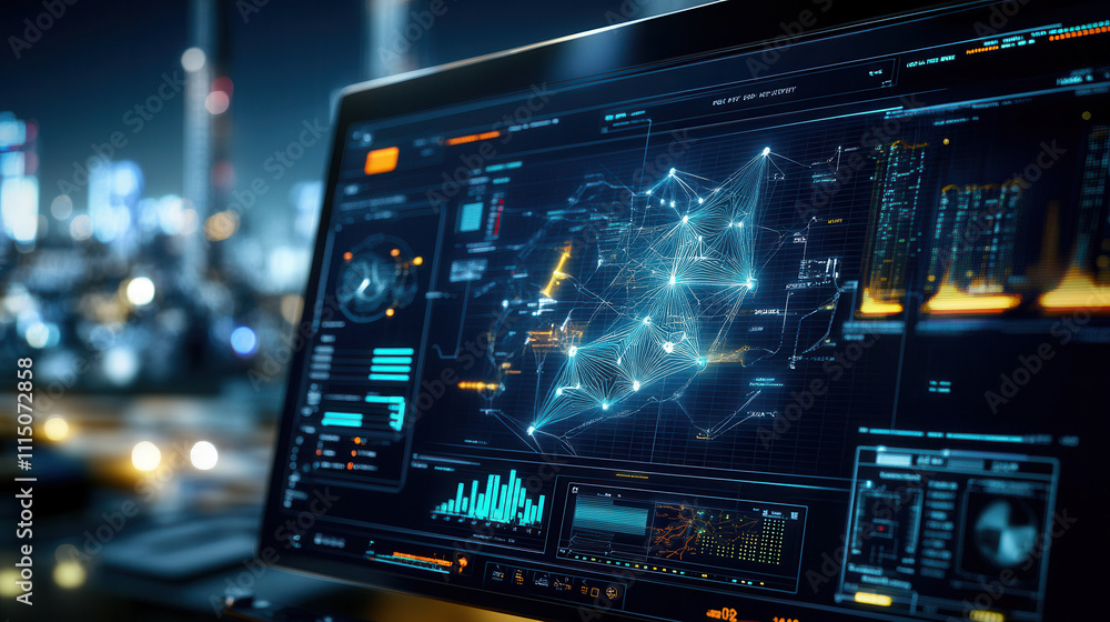Obraz premium futuristic digital interface displays energy flow, grid data, and analytics in cityscape