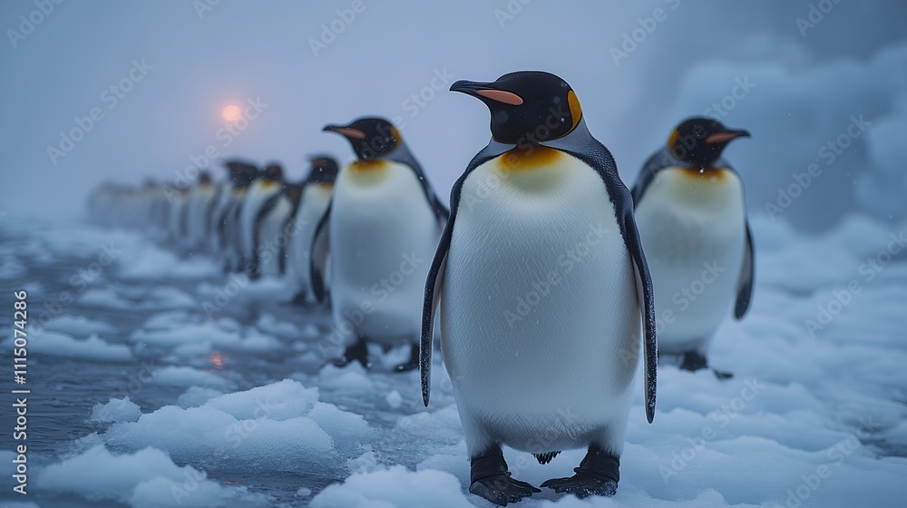 Fototapeta premium Penguins march across the ice, a poignant scene set against the backdrop of the harsh Antarctic environment