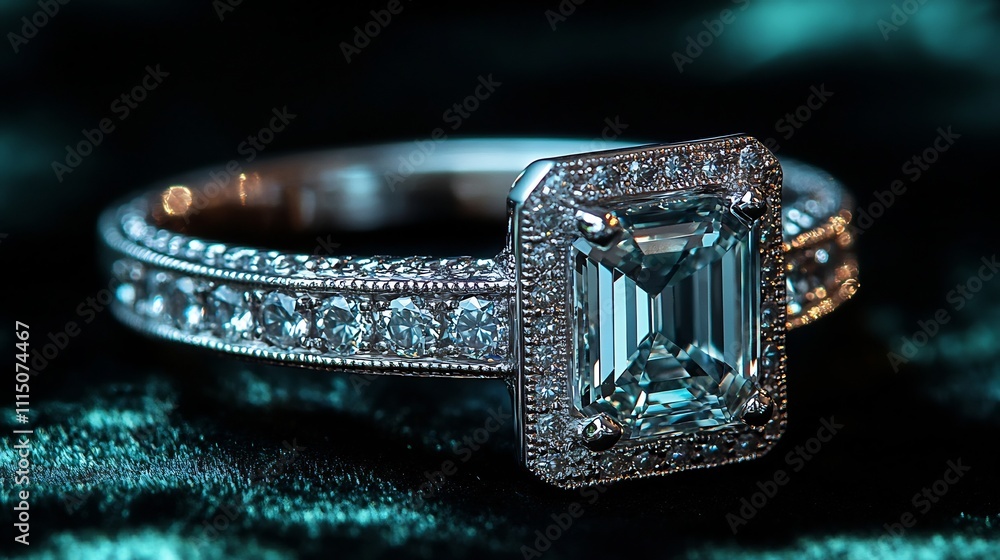 Exquisite silver ring with an emerald cut gemstone and a pav band placed on a dark velvet background for an upscale luxurious and sophisticated look Exquisite silver ring with an emerald cut gemstone and a pav band placed on a dark velvet background for an upscale luxurious and sophisticated look