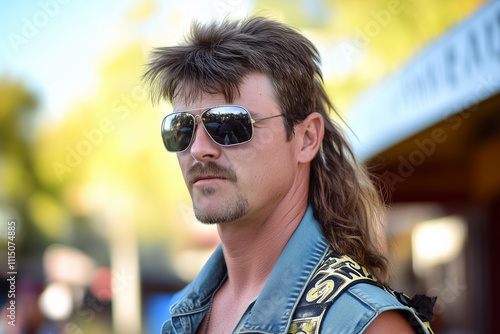 Man with retro mullet and aviators stands outdoors, exuding a cool and classic vibe