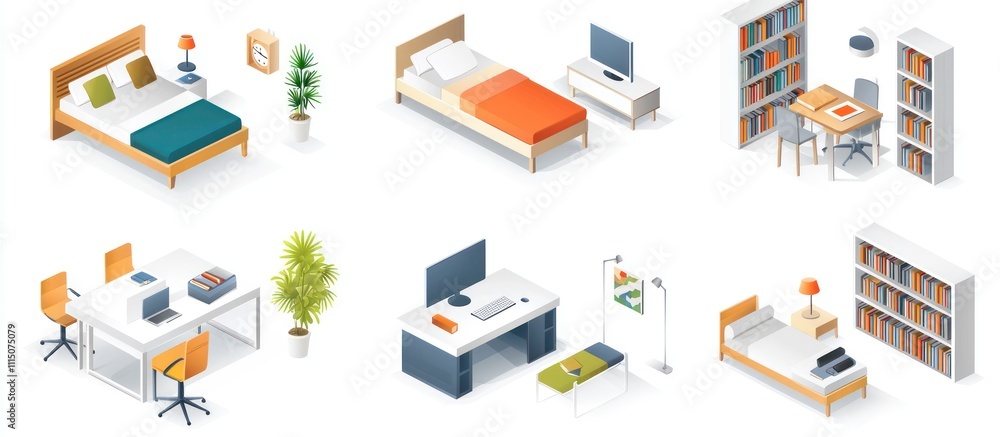 3D isometric images of small apartment rooms with warm tones, minimal furniture, and plants.