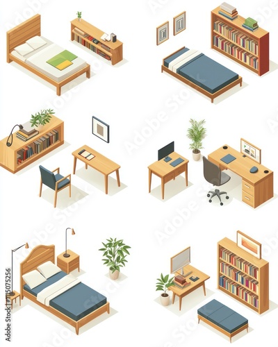 Simple isometric illustrations of furniture including desks, chairs, and sofas.