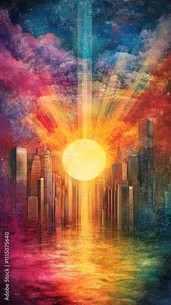 Fototapeta premium A vibrant cityscape at sunset, showcasing colorful skies and reflective waters.