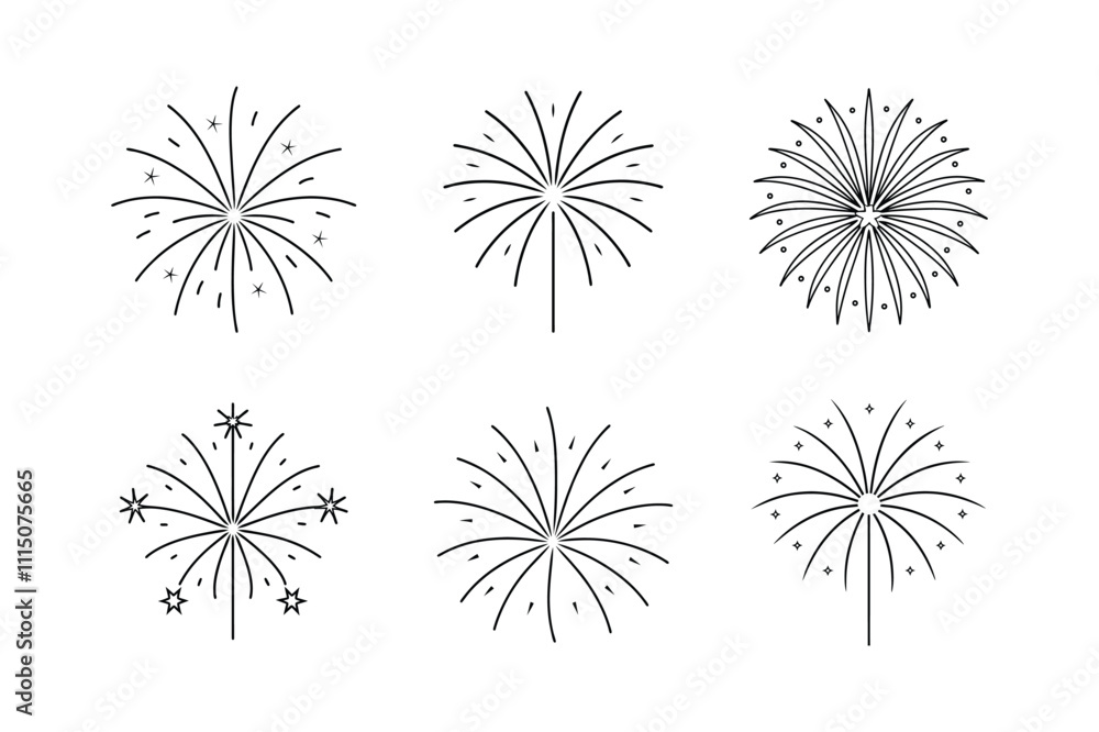 Obraz premium fireworks icon line art vector illustration, happy new year icon