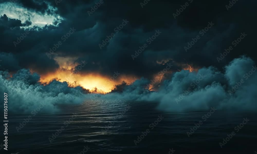 A dramatic seascape with dark clouds, lightning, and a glowing horizon over turbulent waters. A dramatic seascape with dark clouds, lightning, and a glowing horizon over turbulent waters.
