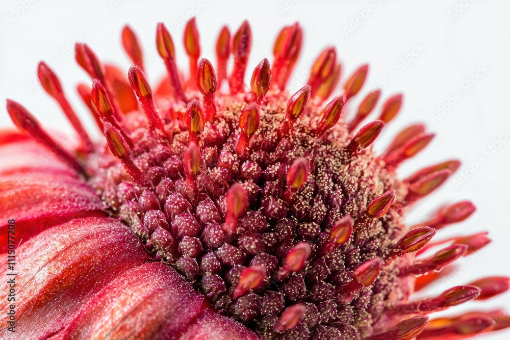Close-up of vibrant red flower stamen with intricate details and textures, showcasing nature's beauty and delicate craftsmanship. Close-up of vibrant red flower stamen with intricate details and textures, showcasing nature's beauty and delicate craftsmanship.