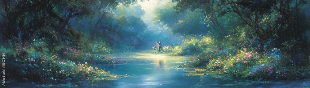 Naklejka premium A serene landscape with a glowing river, surrounded by lush greenery and vibrant flowers.