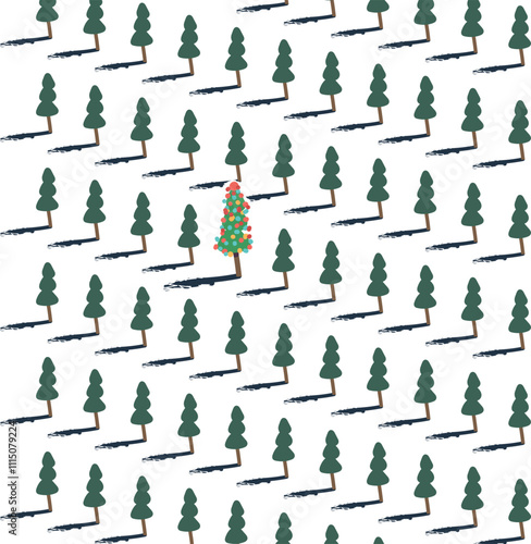 A forest or park area with repeating trees. Among them is one fir tree decorated for Christmas.
