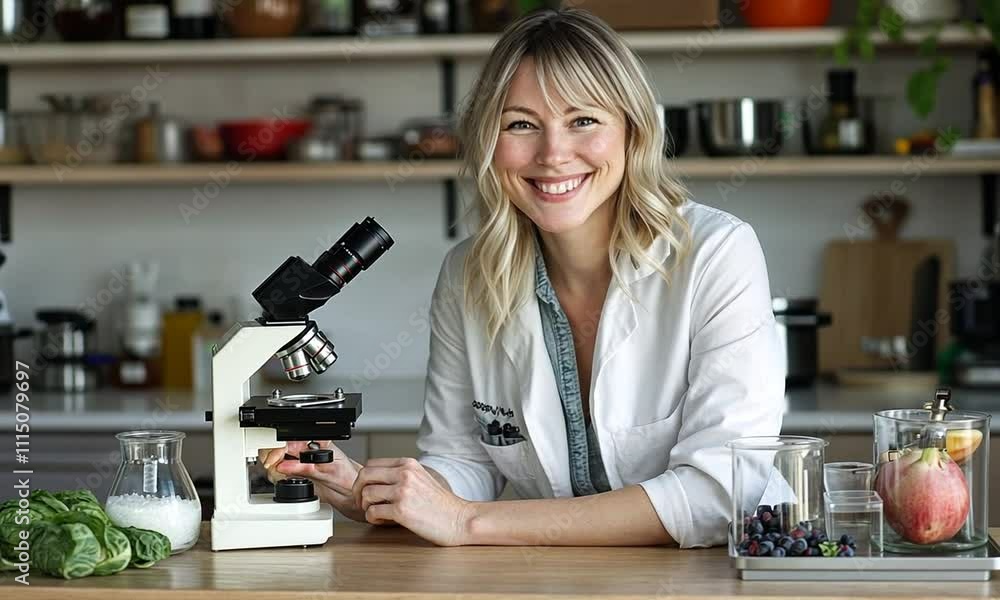 A smiling woman in a lab coat sits beside a microscope, showcasing a scientific environment. A smiling woman in a lab coat sits beside a microscope, showcasing a scientific environment.