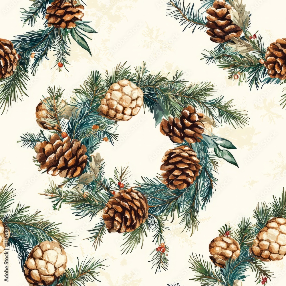 Fototapeta premium Seamless pattern of wreaths with pine cones