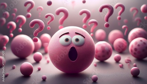 A whimsical scene featuring pink spheres with surprised expressions surrounded by question marks, evoking curiosity and wonder. photo