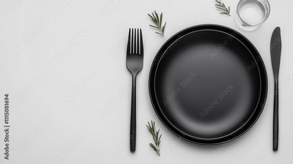 Matte black plates stacked neatly, surrounded by modern cutlery and glassware, with a soft background of elegant table decor Matte black plates stacked neatly, surrounded by modern cutlery and glassware, with a soft background of elegant table decor